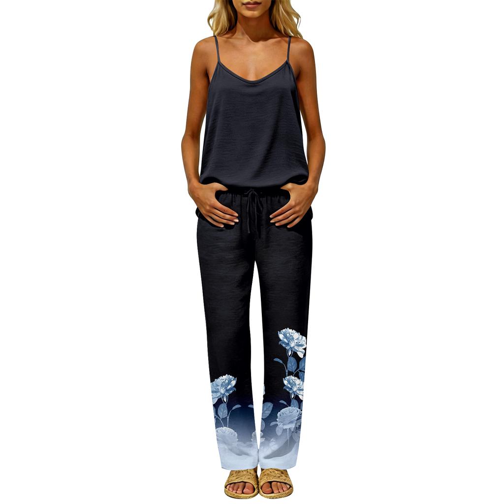 Women Sleeveless Pullover Casual Top with Back Cutout Loose Fit and Elastic Waist Floral Print Pants Two Piece Lounge Set