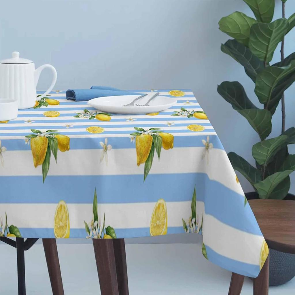 Summer Lemon Blue Striped Rectangle Tablecloth for Table Decor Washable Farmhouse Floral Kitchen Dining Table Cloth Party Decor