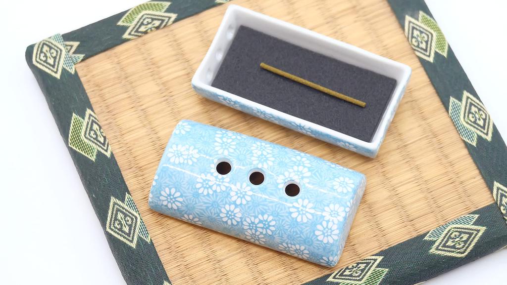 Horizontal Cylindrical Incense Burner, for Laying Incense Sticks, Made In Japan by Mino Ware, Light Blue, for Yoga, Meditation, Mindfulness, and