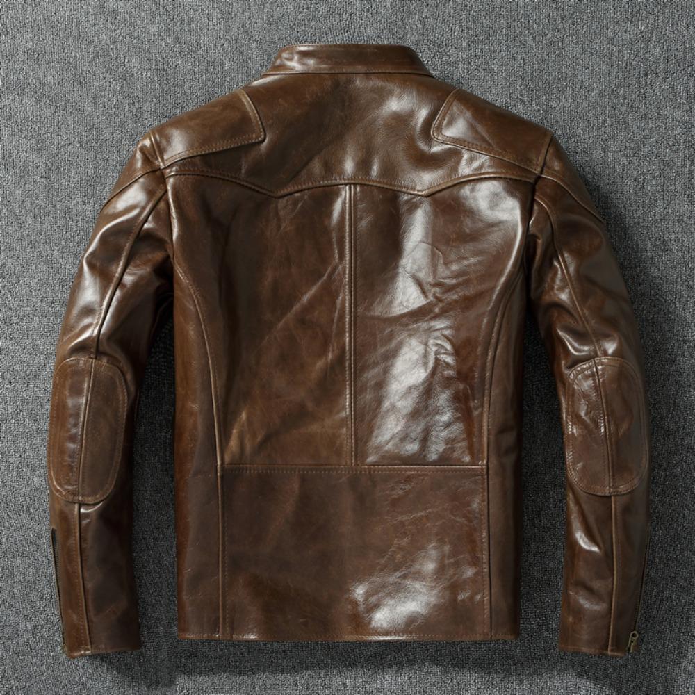 Chinese Size Style RL Top Layer Oil Waxed Cowhide Real Leather Jacket Men Stand Collar Brown Coat Men's Biker Jacket Spring Autumn