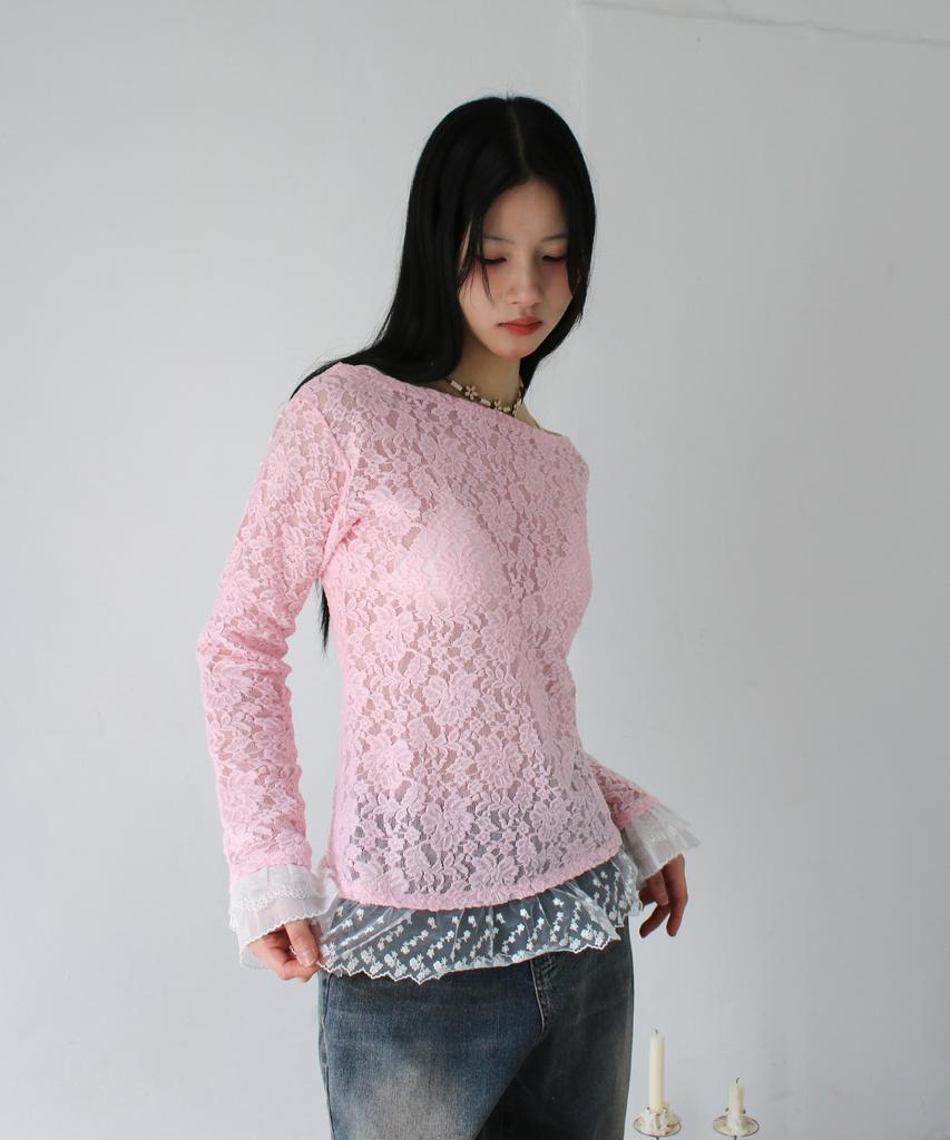 RUBATI Sofia Boat Neck Frill Lace Long Sleeve T-Shirt_Pink