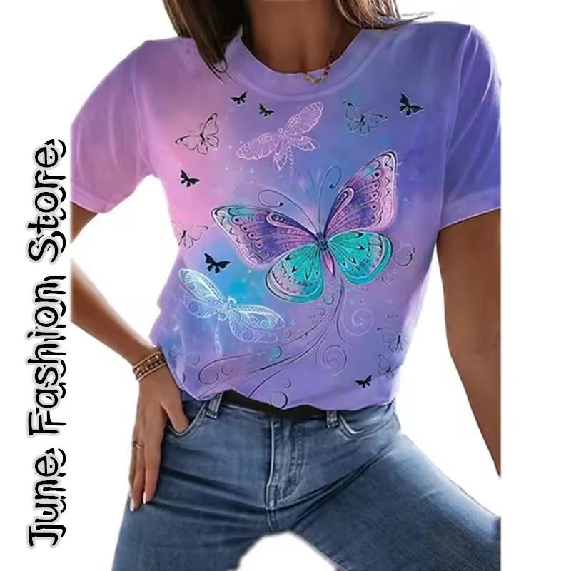Summer Women's T Shirt Animal Weekend 3D Print Butterfly Graphics Light Green Short Sleeve Tee Fashion Round Neck Tops