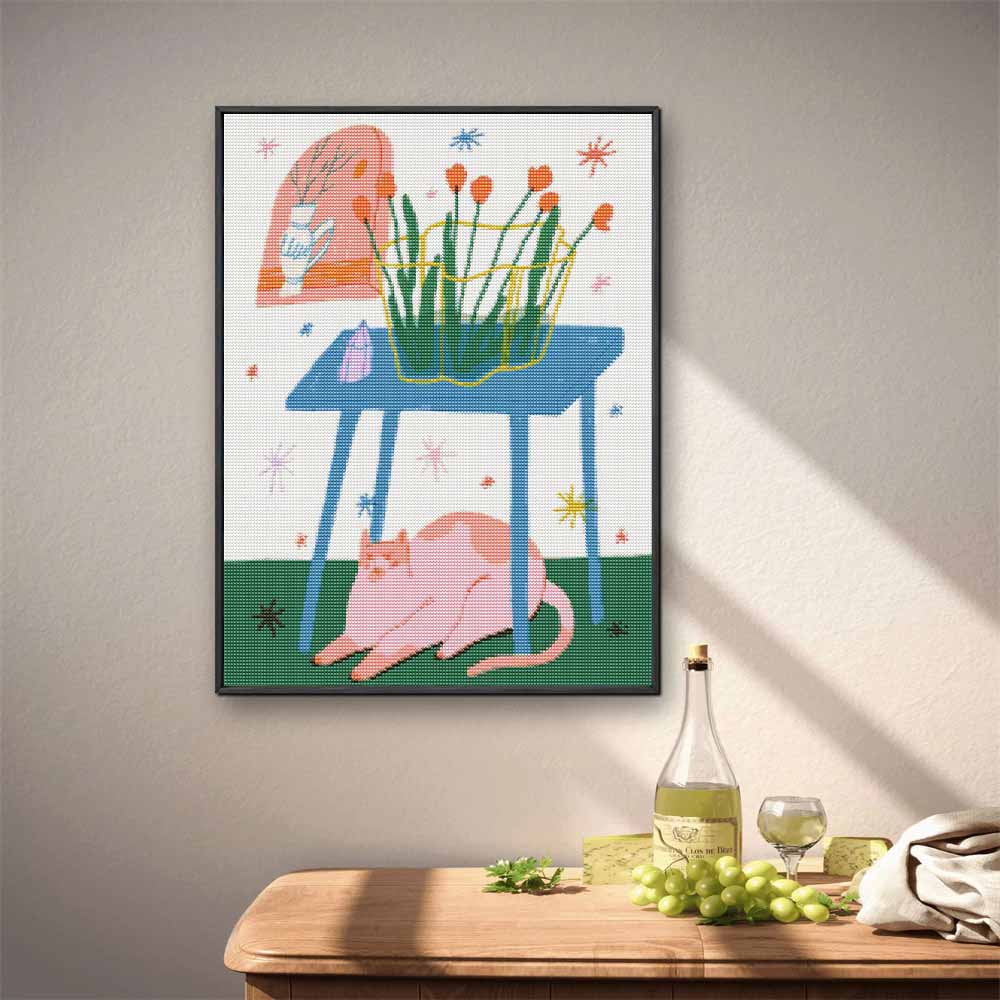Full Drill Diamond Painting Kit Cute Pink Cat and Tulip Flowers Art Relaxing Creative Craft for Home Wall Decoration Enjoyable DIY Hobby Set
