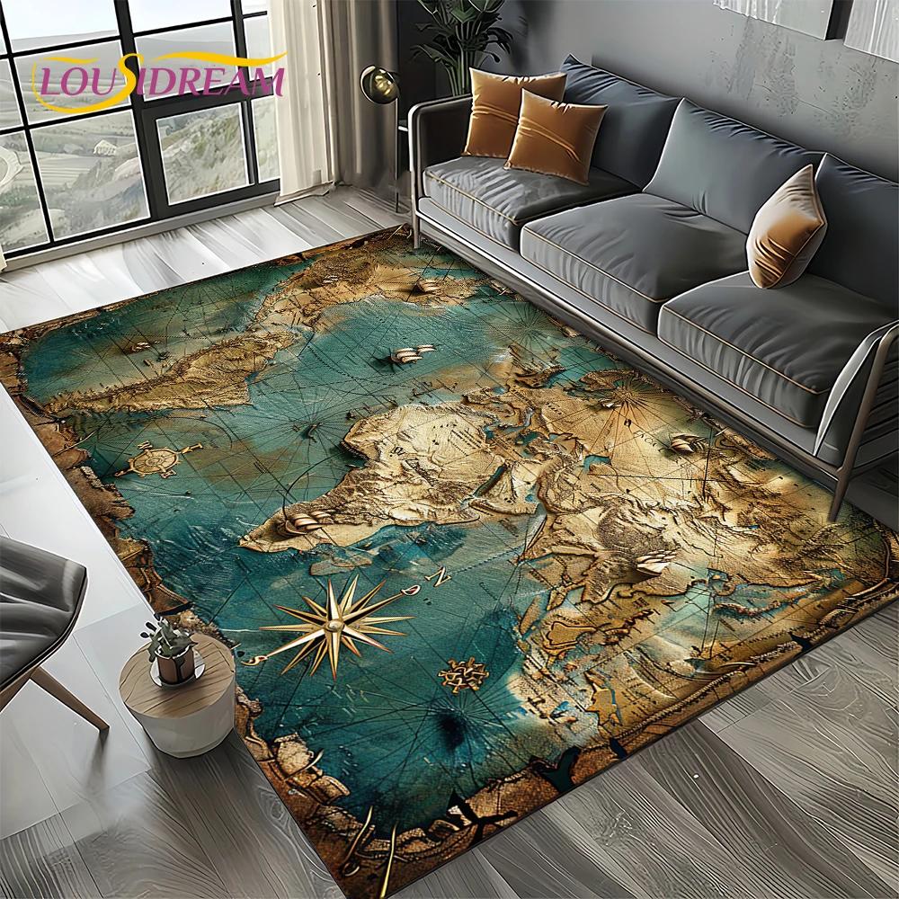 2025 Retro Ancient Nautical Chart Kraft World Map Compass Carpet Rug for Living Room Bedroom Sofa Decoration,Non-slip Floor Mat