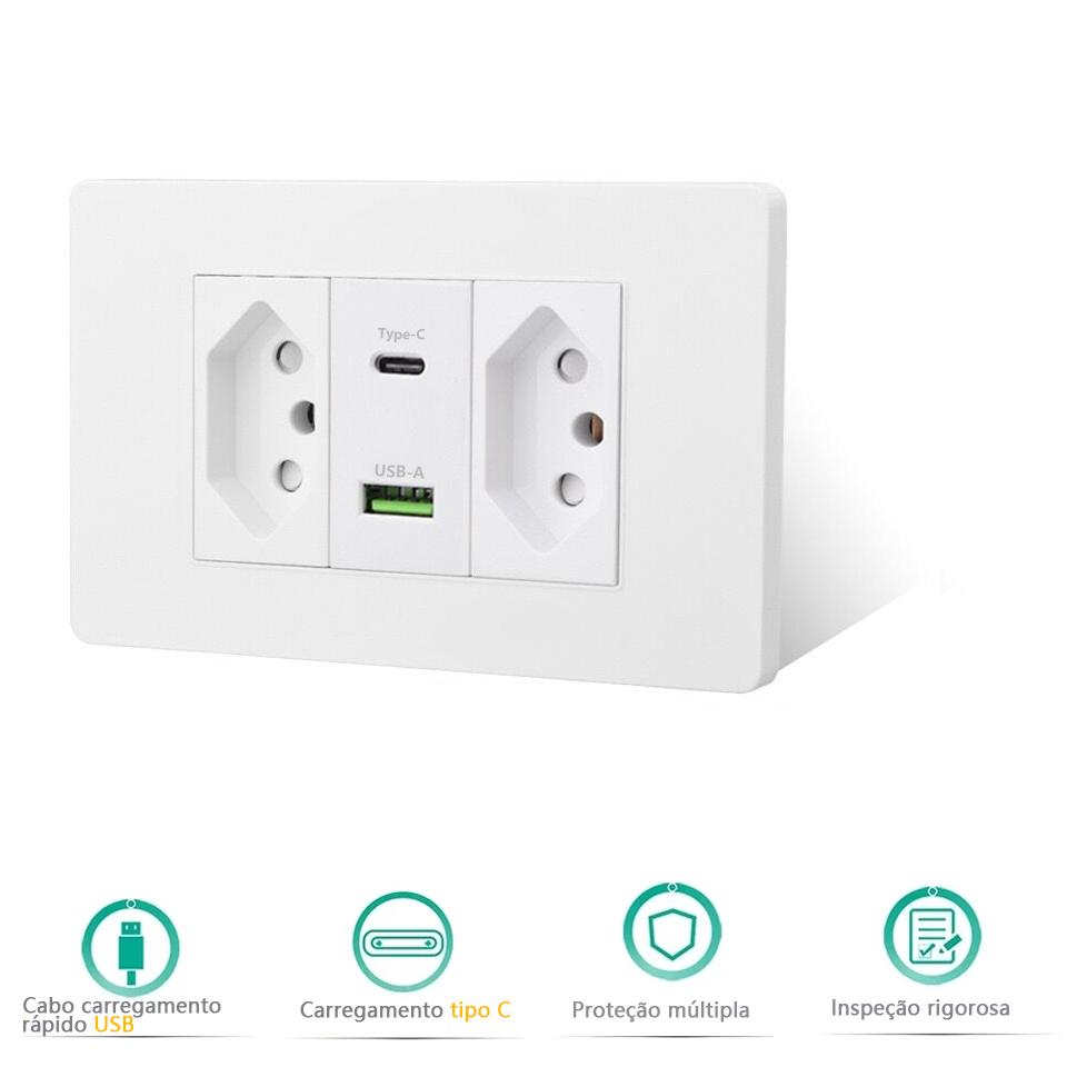 Brazil Standard 20A Wall Power Socket PD 3.0 20W Type-C Dual USB Fast Charge Outlet 118*75mm Flame retardant PC panel Usb Socket