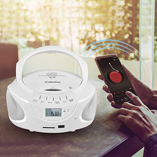 Gelielim Portable CD Player, FM/AM Radio, Built-in Dual Speakers, CD/SD/MP3/USB/AUX Outlets, Battery-Powered, LCD Display, 3.5mm Earphone Jack, Boombo