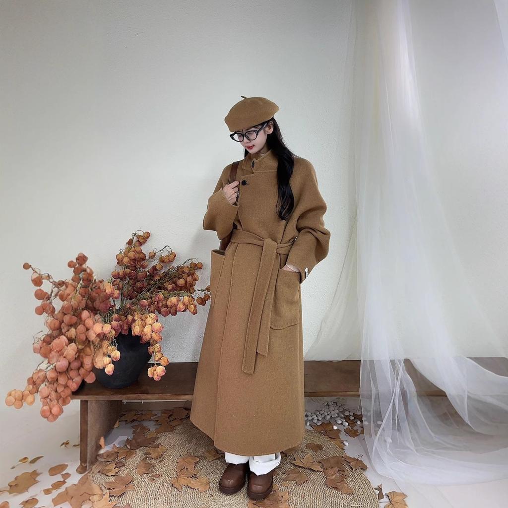 Stand Collar, Tie Waist, Double-sided Cashmere Coat for Women, Autumnal and Winter Korean Style Long Knee-length Loose Woolen Coat