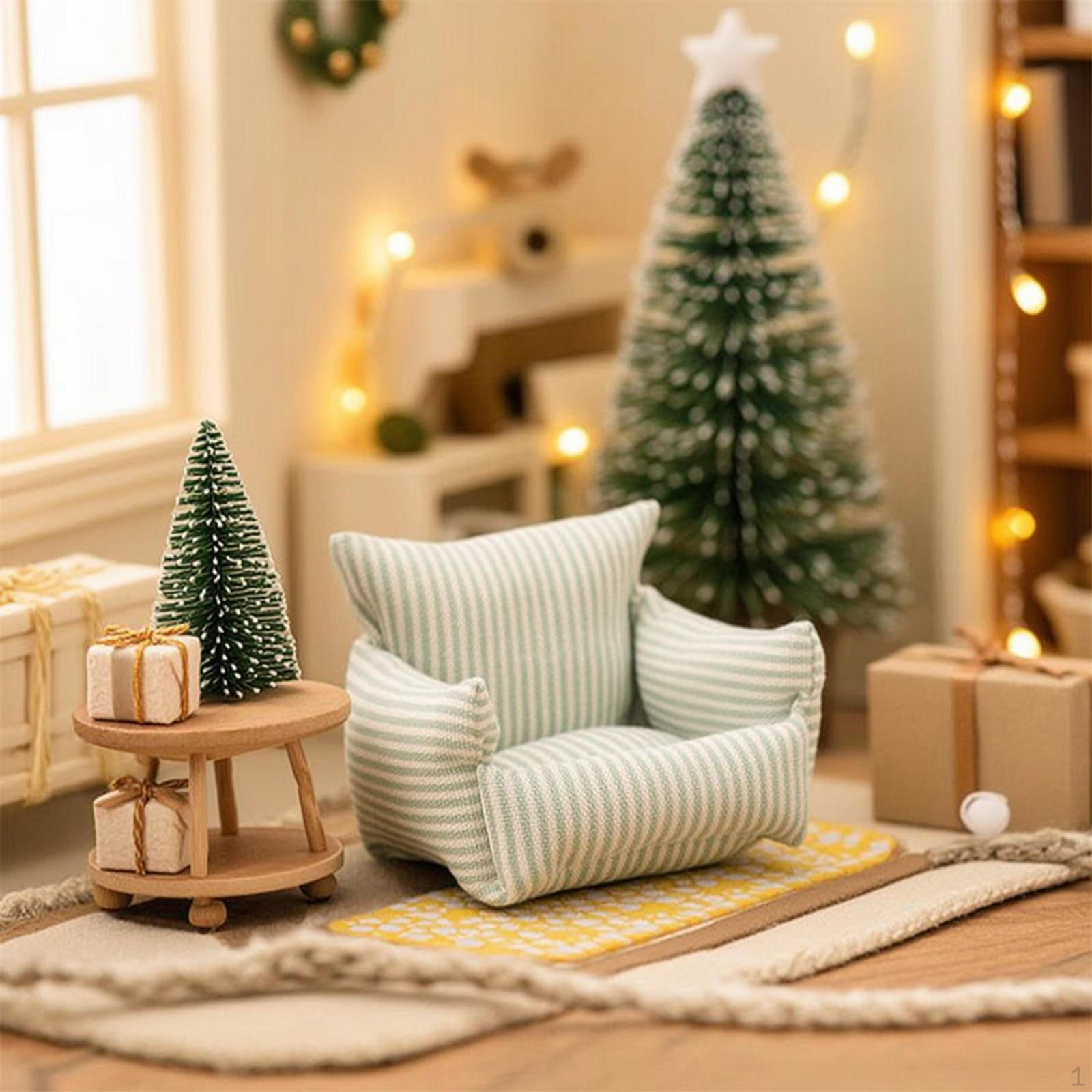 Doll Sofa with Striped Textile Miniature Mini Upholstered Armchair Padded Dollhouse for BJD