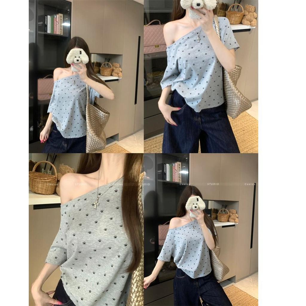 Large Size American Spice Girl Slanted Shoulder Off-shoulder Short-sleeved T-shirt Women's Summer New Printed Versatile Lazy Style Top
