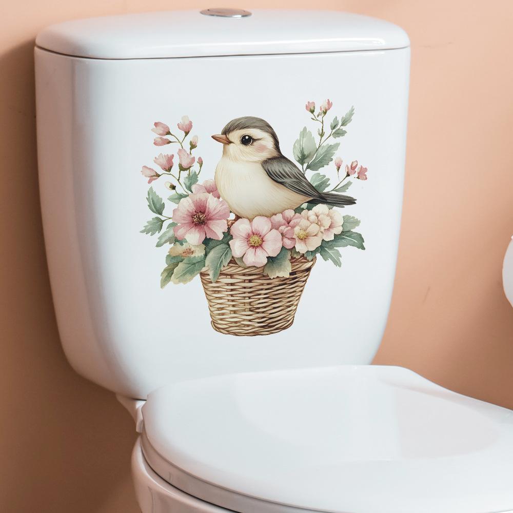 Cartoon Green Leaf Flower Basket Little Bird Bathroom Toilet and Home Beautification Stickers
