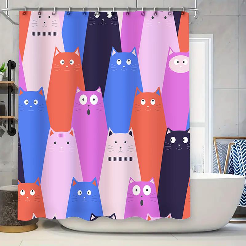 

Modern Bathroom Decor Shower Curtain With Cute Cat Design In Multicolored Patterns Ideal Gift Idea For Animal Lovers W60H190(CM)-1 Pcs