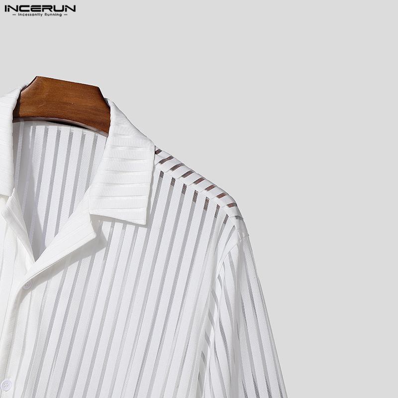 INCERUN Summer Men Lapel Short Sleeve Striped Mesh Sheer Shirts Tops