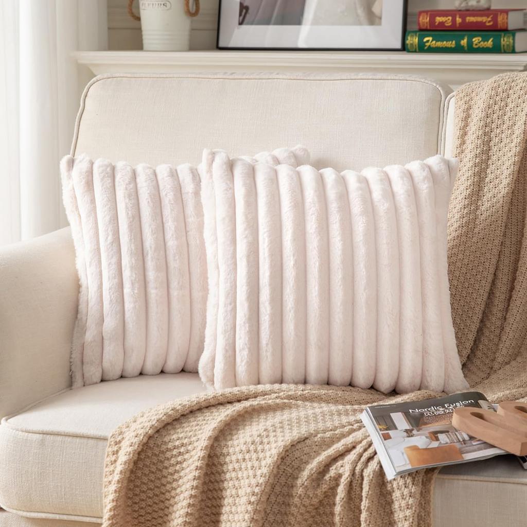 1pc Faux Fur Plush Decorative Throw Pillow Covers Fuzzy Striped Soft Pillowcase Cushion Covers for Sofa Couch Bedroom 18x18 Inch