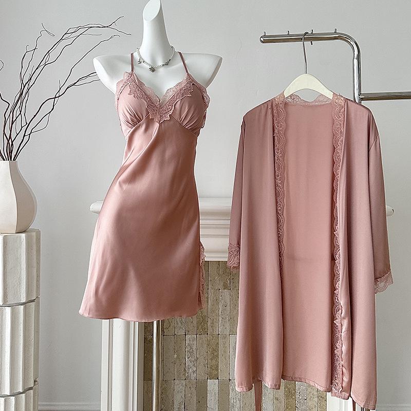 Women's Summer Ice Silk V-Neck Camisole Nightgown Set – Sexy, Solid Color, Slit Design, Two-Piece Luxury Homewear