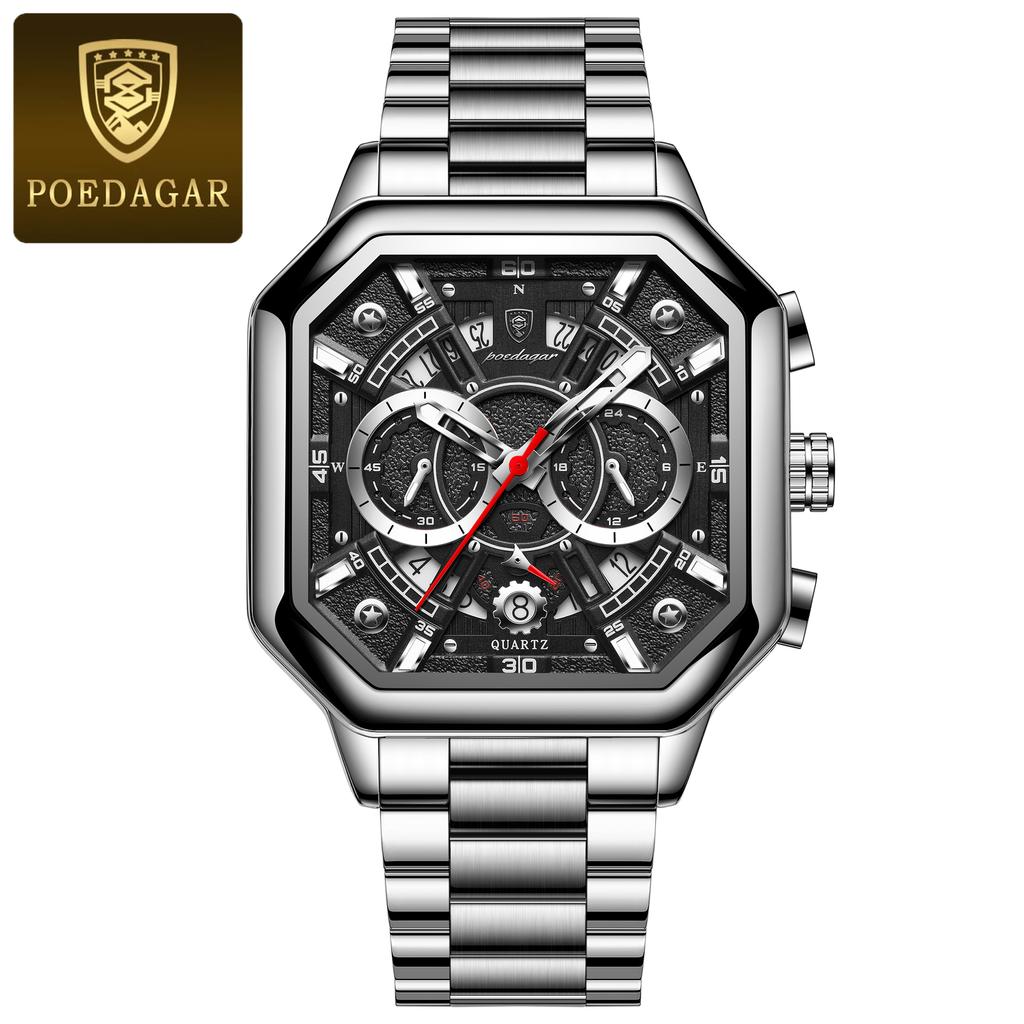 POEDAGAR Luxury Original Men Clock Waterproof Luminous Chronograph Date Man Watch Stainless Steel Quartz Men's Watches