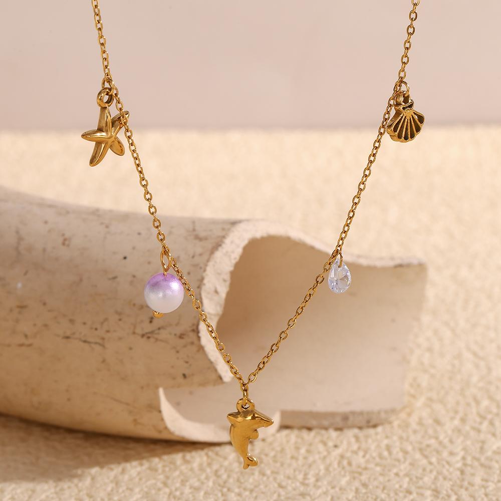 MamacitaSlay Popular Ocean Series Sea Mini Dolphin Starfish Scallop Pendant Thin Chain Necklace stainless steel women's jewelry