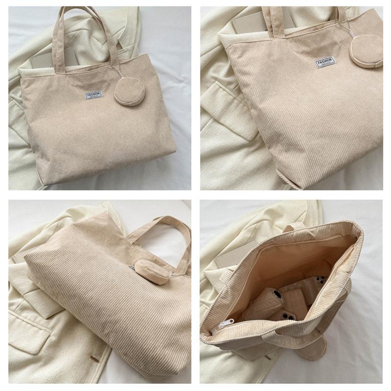 Women Corduroy Tote Handbag Zipper Vintage Tote Bag Foldable Retro Shoulder Bag with Coin Bag Large Capacity Versatile Sling Bag MIT