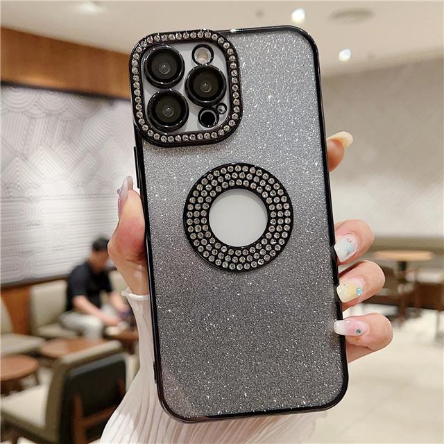 For iPhone 15 Pro Max Luxury Plating Gradual Flash Diamond Frame Phone Case For iPhone 11 12 13 14 16 Plus Lens Protective Cover