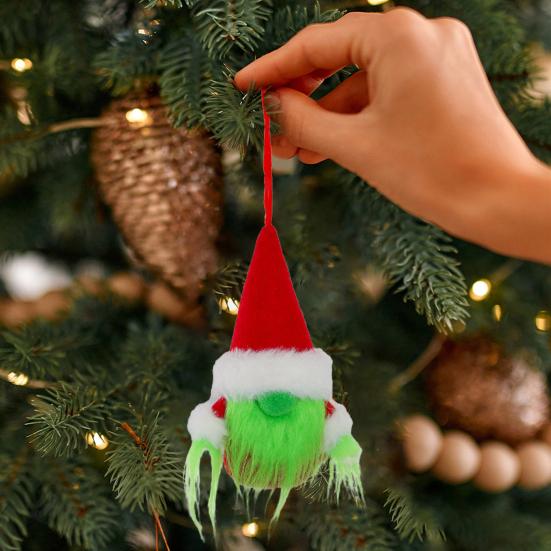 Green Gnome Christmas Ornament Faux Fur Furry Faceless Dwarf with Santa Hat Xmas Tree Hanging Decoration for Tree Party Decor
