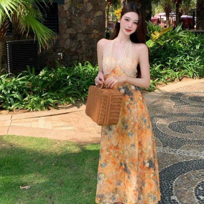 French Yellow Floral Halter-neck Dress for Women, Summer 2026 New Stunning Seaside Vacation Mesh Long Dress