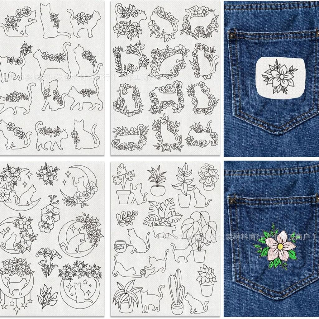 4 Sheets Water Soluble Embroidery Stabilizers,Animal and Plant Alphabet Patterns Paper Hand Sewing Stabilizers for Beginners