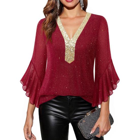 Damskie Topy z Falbankami i Rękawem 3/4 Błyszczące cekinowe z Dekoltem V Codzienna Bluzka Jesień Lato Eleganckie Błyszczące Koszule do Ślubu Biznesu Pracy