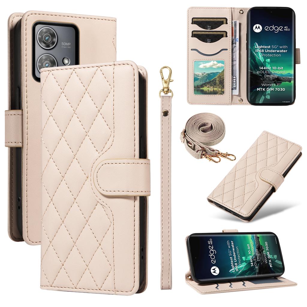 For Motorola Edge 40 Neo 5G Case Wallet Rhombus Leather Phone Cover with Shoulder Strap,Wrist Strap