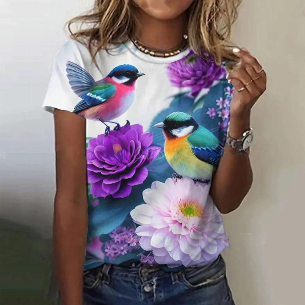 Color Animal Bird 3D Print Women Casual O-Neck Short Sleeve Harajuku Streetwear Y2k Tops