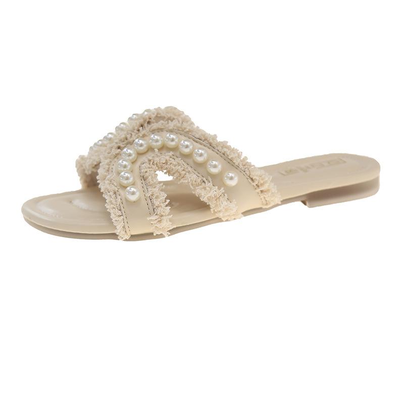 Small fragrant wind cool slippers women wear 2025 summer new fairy wind pearl fashion flat bottom one word slippers women tide