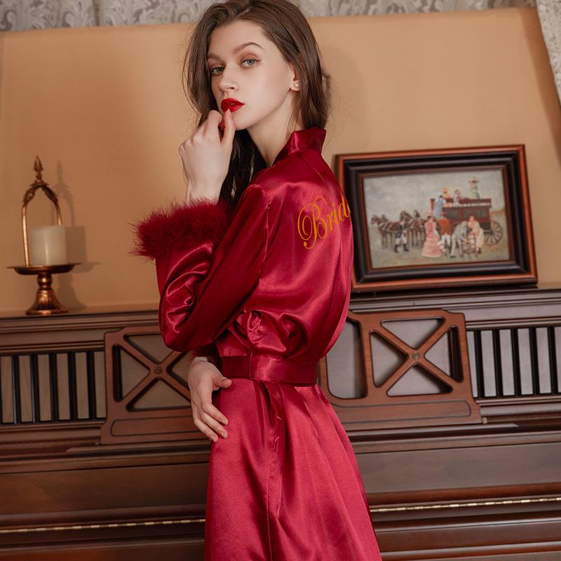 Bridal Feathered Satin Kimono Robe for Bridesmaids and Morning Prep