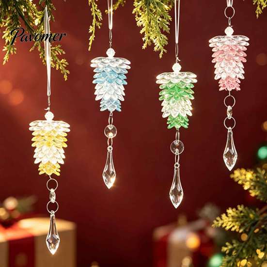 Reusable Holiday Home Decor Acrylic Pine Cone Pendant with Faux Crystal Drop, Christmas Tree Gradient Color Decorative Pendants Hanging Ornaments,