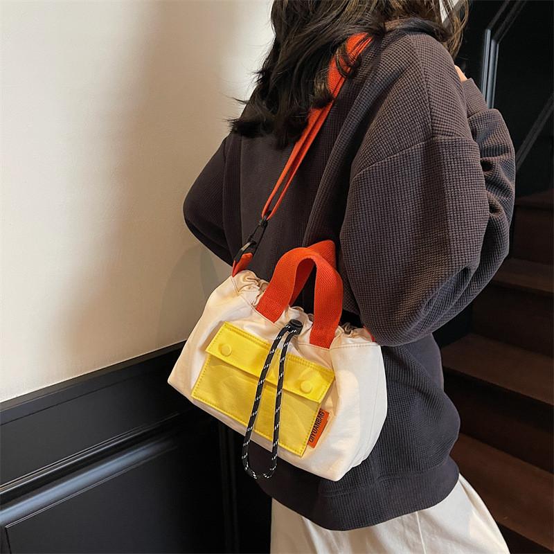 Fashion Color Blocking Design Neutral Drawstring Canvas Shoulder Crossbody Bag For Casual Girls Daily Use
