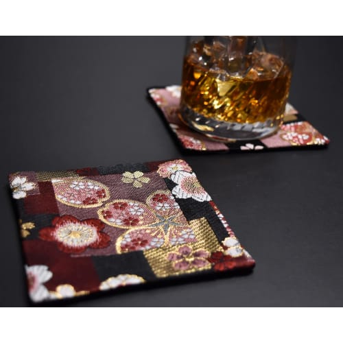 Set of 2 Japanese-style Brocade Kimono Coasters (Beni Sakura)