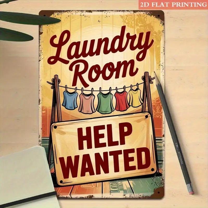 Vintage Retro Help Wanted Laundry Room Metal Wall Art Colorful Clothes Hanging Iron Plate Rustproof Indoor Outdoor Home Kitchen 20x30cm(7.8x11.8inch)