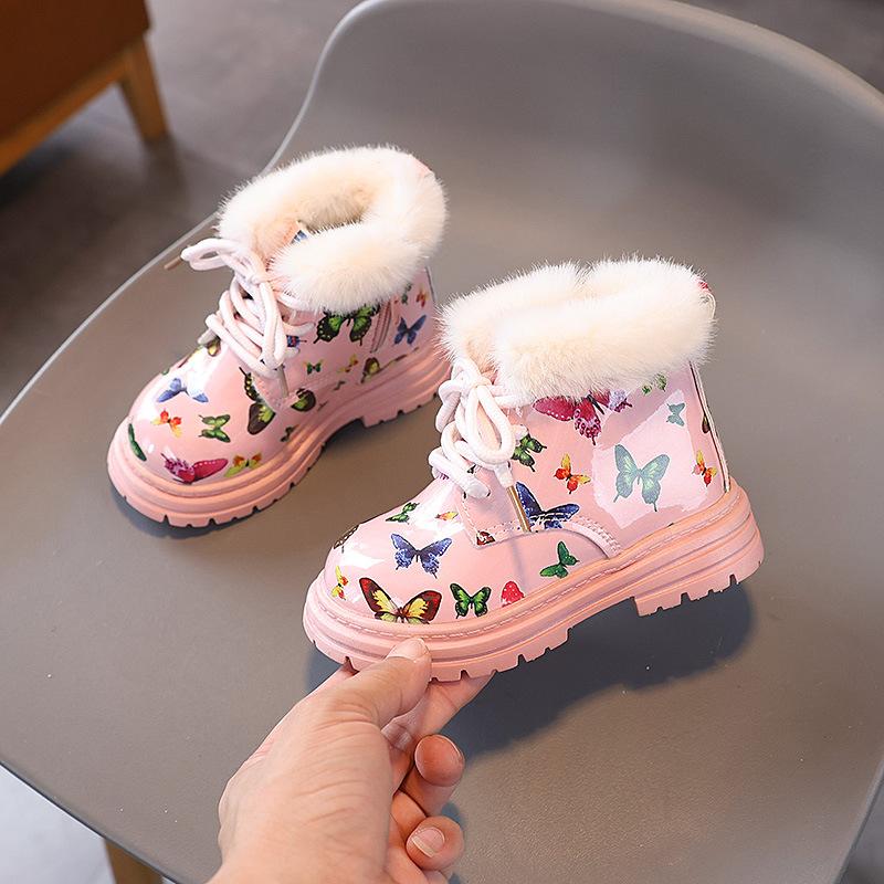 Girl Winter Boots Fashion Butterfly Printed Children Thick Bottom Cotton Boots Trend Versatile Leather Kids Causal Ankle Boots