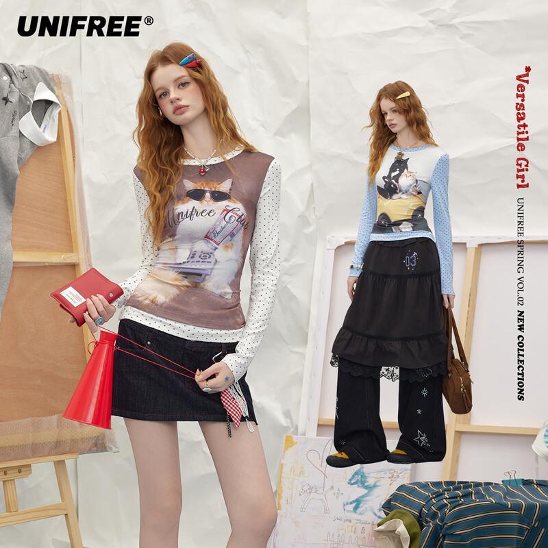 

UNIFREE Faux Two-Piece Colorblock Printed Long Sleeve T-Shirt S