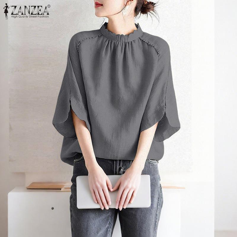 ZANZEA Women Casual Stand Collar Loose 3/4 Sleeve Solid Blouse