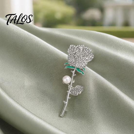Sturdy Rose Pin Rhinestone Brooch with Pearl Decor, Strong Buckle Pin, Electroplated Alloy Elegant Flower Shape for Coats Shirts Bags Accessories