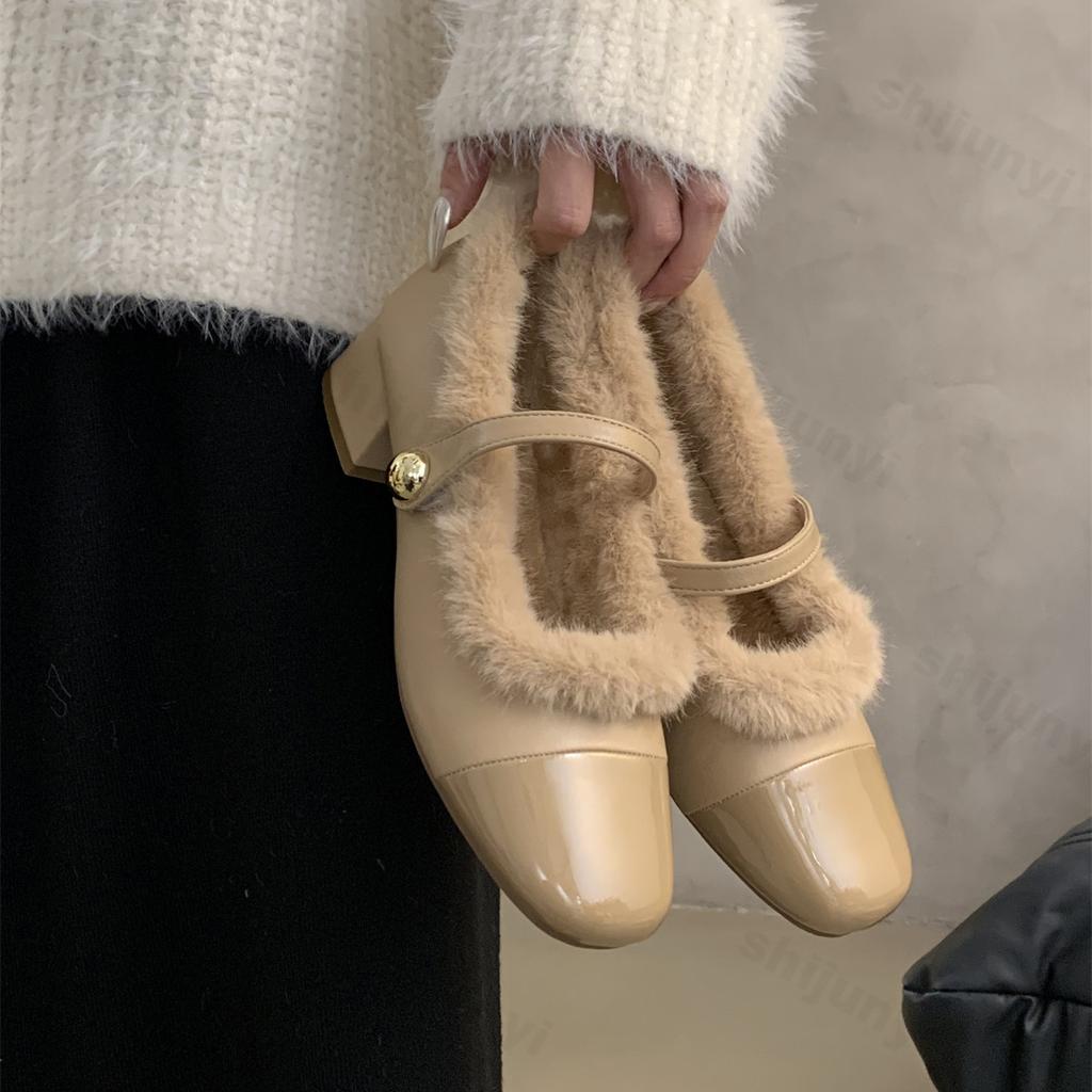 Fashion Elegant Metal Buckle Mary Janes Woman 2024 Comfort Fur Low Heel Dress Shoes Ladies Winter Warm Plush Belt Pumps Zapatos De Mujer