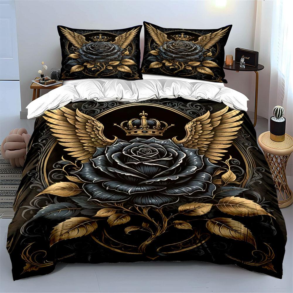 Black Rose with Wings and Crown Bedding Duvet Cover Set (1*Duvet Cover 2*Pillowcases, without duvet insert)