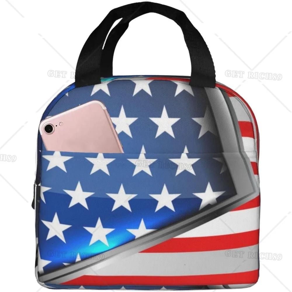 American Usa Flag Lunch Tote Bag for Women Men Reusable Insulated Cooler Lunch Box Container with Pocket for Work Office Trip