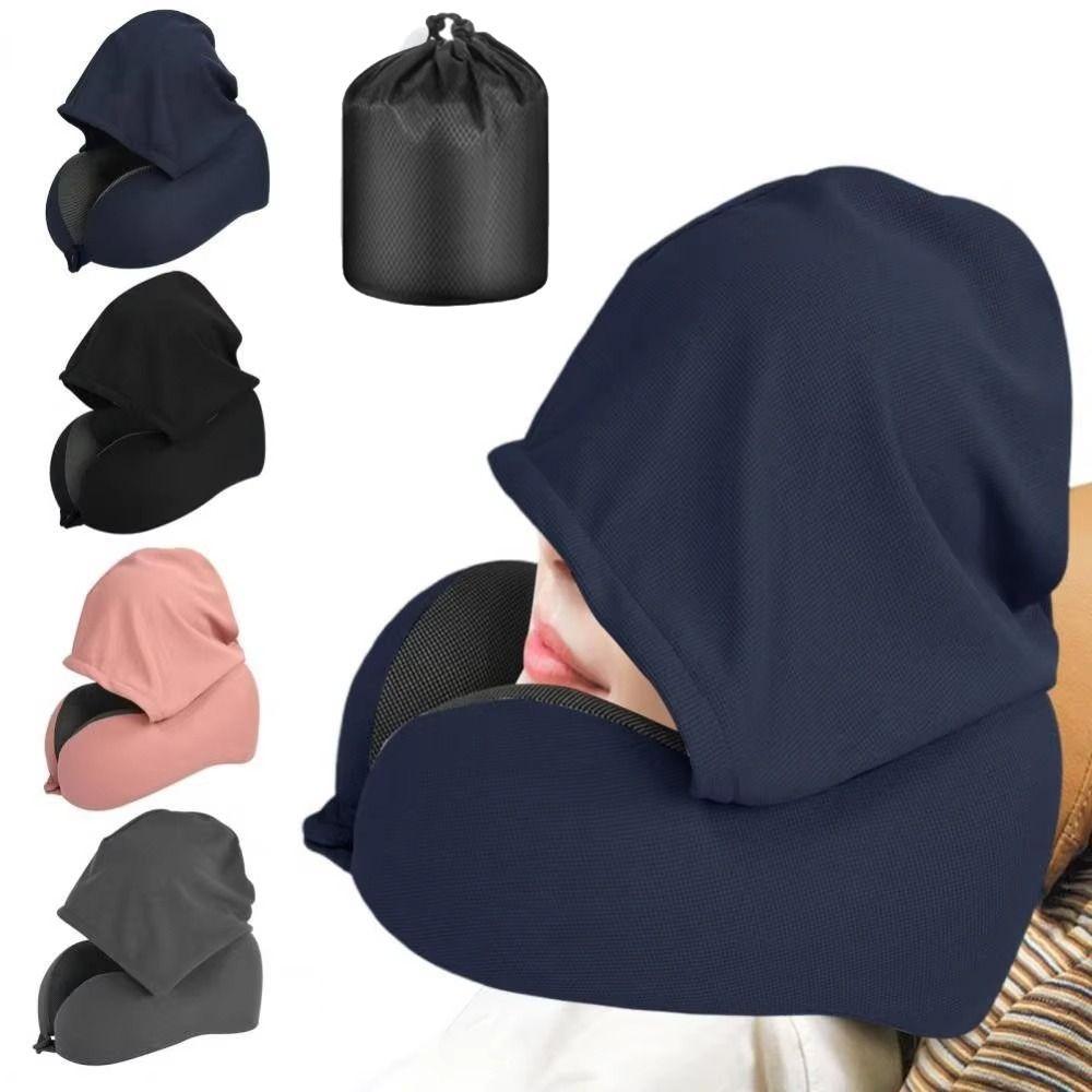 Washable Cover Travel Neck Pillow Adjustable Hooded Pillow U-shaped Pillow with Cap  Outdoor Travel