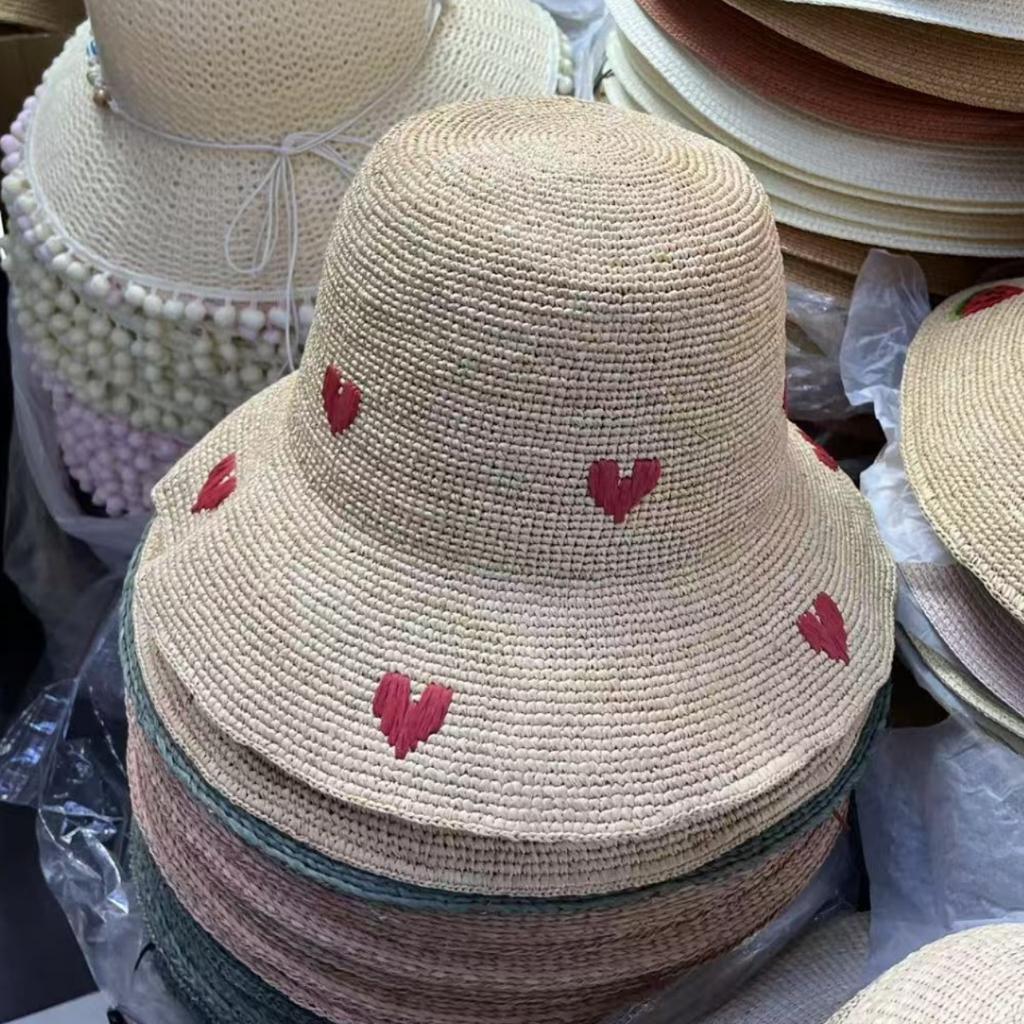 2026 Spring Summer New Watermelon Heart Strawberry Embroidered Straw Hat Women Summer Hand Crocheted Raffia Beach Fisherman Hat