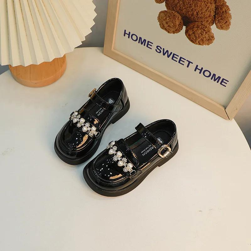 Girls Mary Jane Shoes Glossy PU Children's Leather Shoes Spring Autumn Rhinestone Kids Fashion Princess Party Shoes Lolita Style