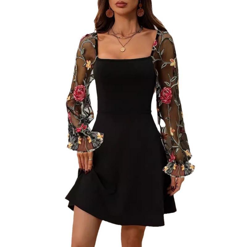 Damen Langarmkleid Sommer Freizeit A-Linien-Kleid