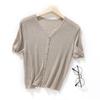 Women V Neck Ribbed Knit Cardigan Short Sleeve Slim Tencel Linen Lightweight Summer Cropped Top