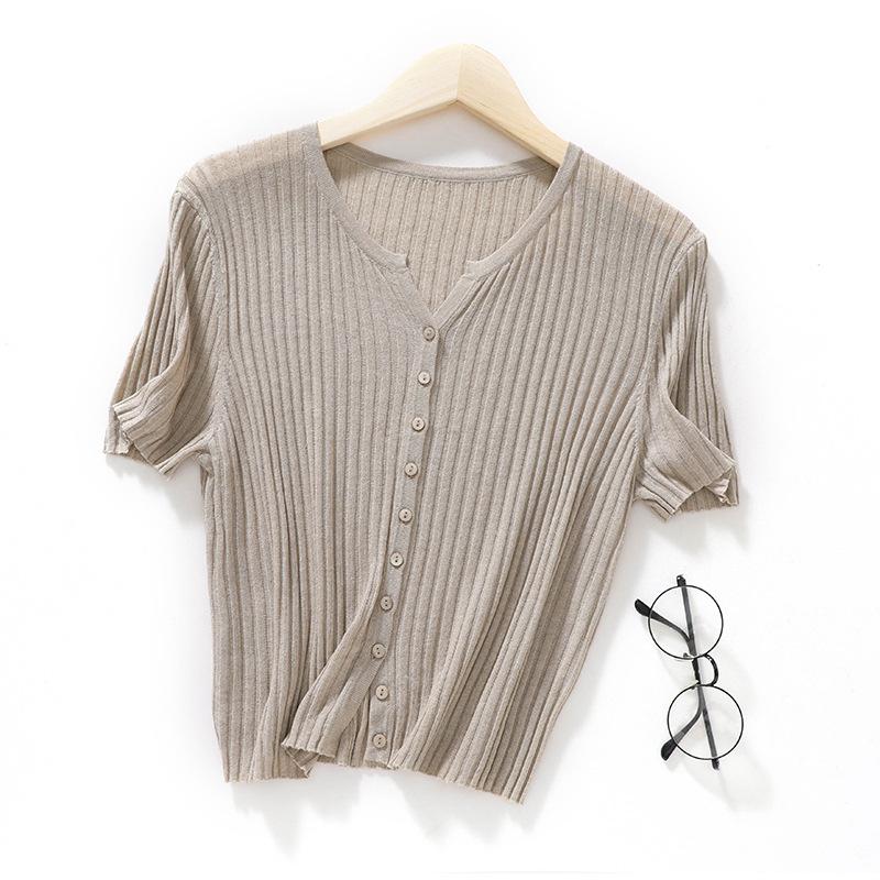 Women V Neck Ribbed Knit Cardigan Short Sleeve Slim Tencel Linen Lightweight Summer Cropped Top