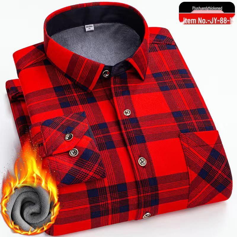 Men's Winter Fleece-Lined Plaid Shirt - Warm, Long-Sleeved Business Casual for Middle-Aged & Elderly, Plus Size Available