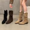 Coarse Heel Khaki Suede Pile Medium Knight Boots Women's Boots 2025 Autumn and Winter Pointed V-mouth Skinny Short Boots