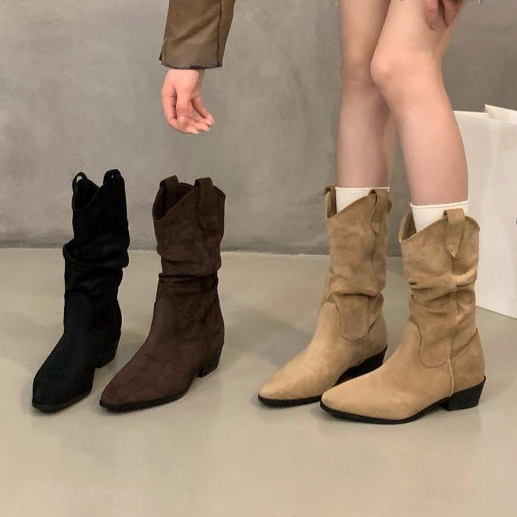 Coarse Heel Khaki Suede Pile Medium Knight Boots Women's Boots 2025 Autumn and Winter Pointed V-mouth Skinny Short Boots